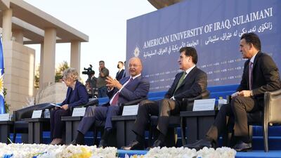 Iraqi President Barham Salih sits next to President of Kurdish Region Nechirvan Barzani at the AIUS commencement ceremony. Photo: Iraqi President's Office