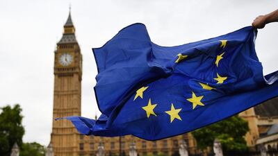 Pro Remain EU supporters protest outside parliament in London on September 5. Andy Rain / AFP