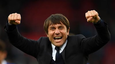 STOKE ON TRENT, ENGLAND - MARCH 18: Antonio Conte, Manager of Chelsea celebrates after the Premier League match between Stoke City and Chelsea at Bet365 Stadium on March 18, 2017 in Stoke on Trent, England. (Photo by Laurence Griffiths/Getty Images)