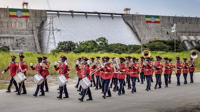 Members of the Ethiopian Republic March Band perform in front of the Grand Ethiopian Renaissance Dam. AFP