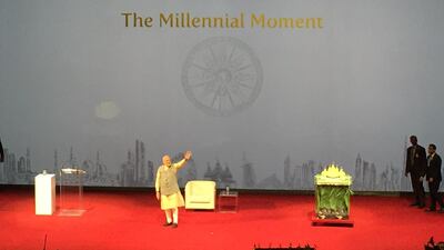 Indian Prime Minister Narendra Modi speaking at Dubai Opera. Ramola Talwar