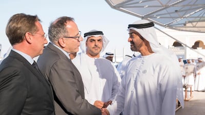 Sheikh Mohammed bin Zayed, Crown Prince of Abu Dhabi Deputy Supreme Commander of the Armed Forces, receives Professor Jean Chambaz, President of Sorbonne University and Chancellor of Sorbonne University Abu Dhabi (2nd L), during a Sea Palace barza on Monday. Mohammed Al Hammadi / Crown Prince Court - Abu Dhabi