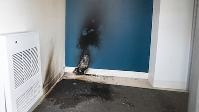 Damage to the Jewish Community Council of Montreal caused by a Molotov cocktail just after midnight on Sunday. The Canadian Press / AP