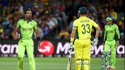 Pakistan lost, but the spell by Wahab Riaz, left, was being hailed by experts as one of the best at a World Cup as he peppered Shane Watson with bouncers. Getty Images