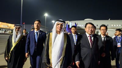 Sheikh Saud bin Saqr Al Qasimi, Ruler of Ras Al Khaimah, arrived in Beijing on Monday to attend the Belt and Road Forum for International Co-operation. Photo; Wam