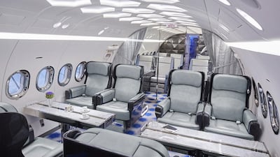 The Royal Jet BBJ R6RJV interior. There are eight first-class, lie-flat seats, eight business-class seats, and a separate section at the back with 18 economy-sized seats. Courtesy Royal Jet