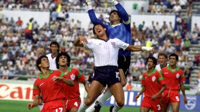 Gary Lineker jumps for the ball with Morocco's Ezzaki Badou Zaki in the 1986 World Cup. England holds a win and a draw against Morocoo. Action Images / Sporting Pictures / Tony Marshall / Reuters