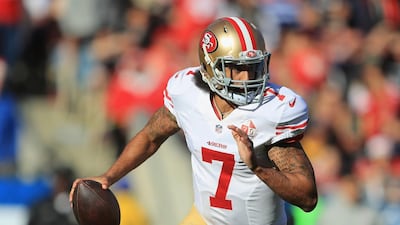 Colin Kaepernick back in 2016. The former San Francisco 49ers quarterback is scrambling to find a team for the upcoming season. Getty Images