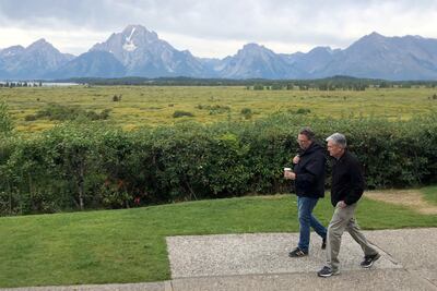 Fed chair Jerome Powell walks with New York Fed president John Williams ahead of the Jackson Hole economic symposium in Wyoming. Reuters