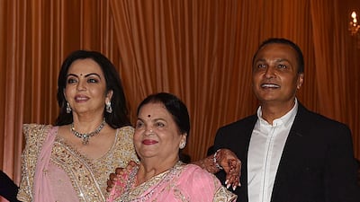 Nita Ambani (L), Kokilaben Ambani (C) and Anil Ambani (R)