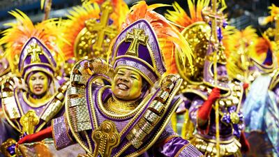 Members of the Mocidade Alegre samba school on parade at Anhembi sambadrome in Sao Paulo, Brazil. EPA