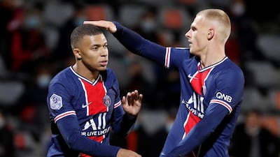 Kylian Mbappe celebrates scoring the irst goal against Nimes. Reuters
