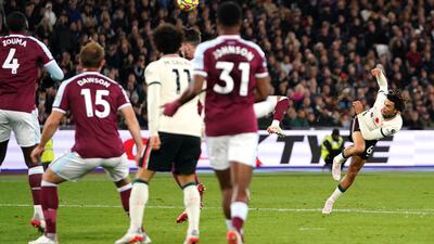 Liverpool's Trent Alexander-Arnold attempts a shot on goal. PA