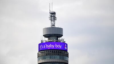 The BT Tower displays a celebratory message following the royal birth on May 6, 2019 in London. Getty Images