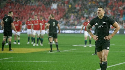 New Zealand's Sonny Bill Williams, right, walks from the field after he was sent off during the second rugby Test against the British & Irish Lions in Wellington, New Zealand. Mark Baker / AP Photo