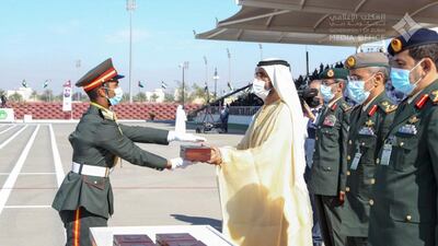 Sheikh Mohammed bin Rashid attends a graduation ceremony for the 45th batch of cadet officers at Zayed II Military College in Al Ain. Courtesy: Dubai Media Office
