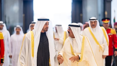 Sheikh Mohamed is received by Sheikh Meshal at Bayan Palace