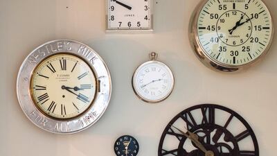 A distinctive wall of clocks catches our eye on the way to the downstairs powder room. Anna Nielsen / The National