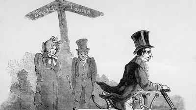 A depiction of Karl von Drais and his Laufmaschine. Getty Images