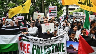Demonstrators at a pro-Palestinian rally in front of the Israeli embassy in Bangkok, Thailand. AFP