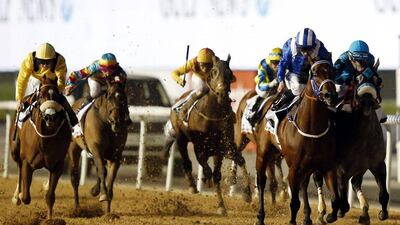 Paul Hanagan (2-R) on Muarrab from Great Britain competes to win the Dubai Golden Shaheen race during the Dubai World Cup 2016 at the Meydan race course in Gulf emirate of Dubai, United Arab Emirates, 26 March 2016. The Dubai World Cup is one of the richest events in the horse racing sporting calendar. EPA/ALI HAIDER