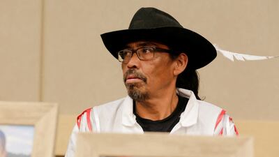 Brian Burns, husband of Bonnie Burns, who was killed at James Smith Cree Nation, attends the news conference in Saskatoon. Reuters