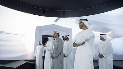 Sheikh Mohammed bin Zayed tours the Museum of the Future exhibit during the World Government Summit. With him are Sheikh Mansour bin Zayed, Deputy Prime Minister and Minister of Presidential Affairs, fourth right, Mohammed Mubarak Al Mazrouei, Undersecretary of the Crown Prince Court of Abu Dhabi, third right, and other dignitaries. Hamad Al Kaabi / Crown Prince Court - Abu Dhabi