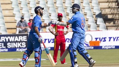 Ajinkya Rahane, left, and Murali Vijay put together a 112-run stand against Zimbabwe at Harare on Sunday. Tsvangirayi Mukwazhi / AP Photo
