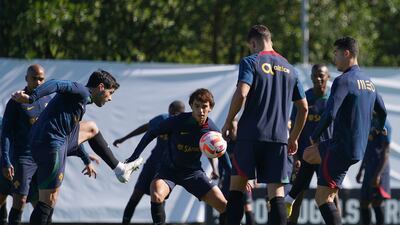 Portugal forward Joao Felix, centre, during the team's training session in Braga. EPA