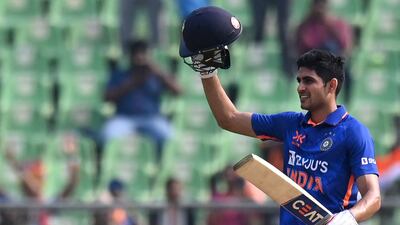 Shubman Gill celebrates after reaching his century. AFP