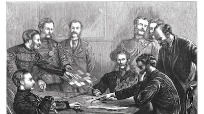 Prussian officers play 'Kriegsspiel' in this illustration from August 1872. Photo: Public Domain