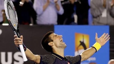 Novak Djokovic of Serbia celebrates after winning the men's final against Andy Murray of Great Britain at the Australian Open Grand Slam tennis tournament on Sunday.