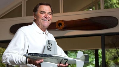 October 27, 2010: Jimmy Leeward holds a scale model of his P-51 Mustang at his home in Ocala, FL. Leeward died when he crashed the plane during the Reno Air Races in Reno Nevada on Friday. (AP Photo/Doug Engle - Star-Banner)