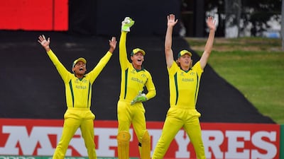 Australia players Param Uppal, wicketkeeper Baxter Holt and Jack Edwards make an LBW appeal against Shaw. Marty Melville / AFP