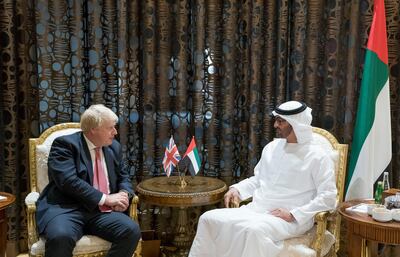 Sheikh Mohammed bin Zayed with the now British prime minister Boris Johnson. Crown Prince Court Abu Dhabi