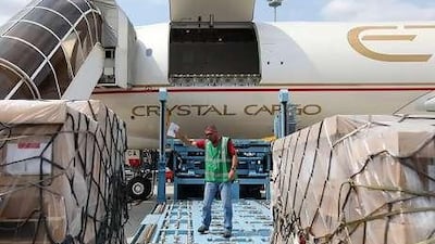 Etihad's new Airbus A330-200 freighter is loaded with cargo in Toulouse yesterday.