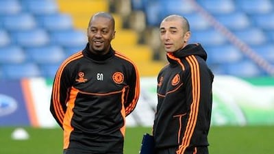 Eddie Newton, left, the Chelsea assistant coach, played with and completed his Uefa coaching courses with Roberto Di Matteo, the club’s interim manager, and they previously worked together at West Bromwich Albion.
