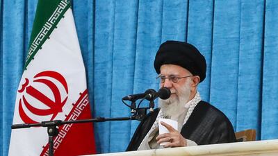 Ayatollah Ali Khamenei, Iran's supreme leader, addresses the crowd during a ceremony marking the 35th death anniversary of his predecessor Ayatollah Ruhollah Khomeini in Tehran on Monday. AFP