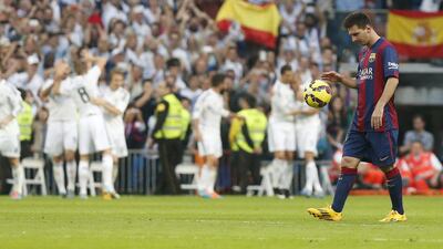Barcelona's Lionel Andres Messi reacts after Real Madrid's second goal in his side's 'El Clasico' loss on Saturday in Madrid. Juan Carlos Hidalgo / EPA