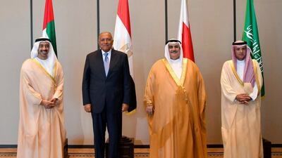Sheikh Abdullah bin Zayed, Minister of Foreign Affairs and International Cooperation with his counterparts Sameh Shoukry of Egypt, Khalid bin Ahmed Al Khalifa of Bahrain, and Adel Al Jubeir of Saudi Arabia. Bahrain News Agency via AP
