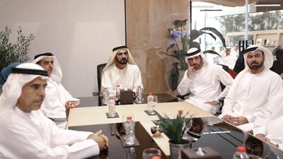 Sheikh Mohammed bin Rashid, Vice President and Ruler of Dubai, Sheikh Hamdan bin Mohammed, Dubai Crown Prince, Sheikh Saif bin Zayed, Deputy Prime Minister and Minister of Interior, and Mohammed Al Gergawi, Minister of Cabinet Affairs and the Future, are told about the phases and objectives of the Government Accelerators. Wam