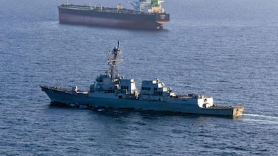Guided-missile destroyer USS Rafael Peralta enforcing maritime blockade against an Iran-flagged crude oil tanker bound for an Iranian port. AFP