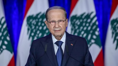Lebanese President Michel Aoun delivers a televised speech ahead of the country's 76th independence anniversary at the presidential palace in Baabda, east of Beirut, on Thursday. EPA