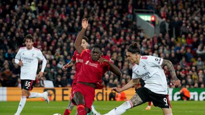 Benfica's Darwin Nunez scores a disallowed goal during the Champions League quarter-final, second leg against Liverpool at Anfield on April 13, 2022. PA
