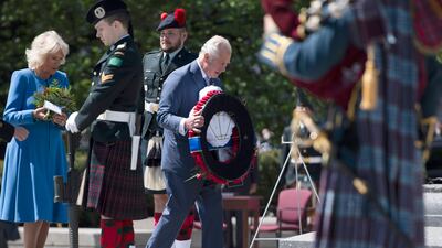 Prince Charles and Camilla, Duchess of Cornwall participate in a wreath laying National War Memorial in Ottawa, during their Canadian Royal tour, on Wednesday, May 18, 2022. AP