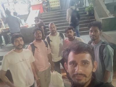 Sunil Pooniya takes a selfie with his shipmates who survived an Iranian drone attack on the Skylight vessel, on their return to India. Photo: Sunil Pooniya