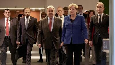 German Chancellor Angela Merkel, German Foreign Minister Heiko Maas and Secretary-General of the United Nations Antonio Guterres leave after a press conference at the end of a Peace summit on Libya at the Chancellery in Berlin on January. AFP
