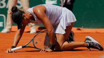 Naomi Osaka slipped and fell during her third-round loss at the French Open. AP Photo
