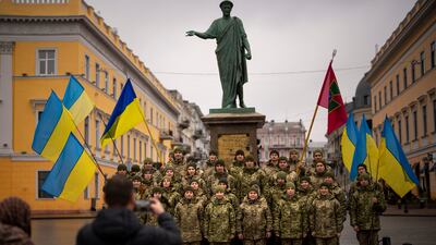 Soldiers pose for a group photo in Odessa. AP Photo