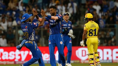 Hardik Pandya, centre, played a key role for Mumbai Indians in the win over IPL champions Chennai Super Kings. AP Photo